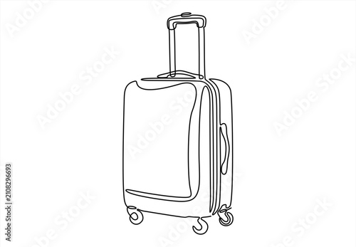 Travel suitcase in continuous line drawing style. Luggage valise with wheels and retractable handle. one line Icon drawing, Editable stroke.	