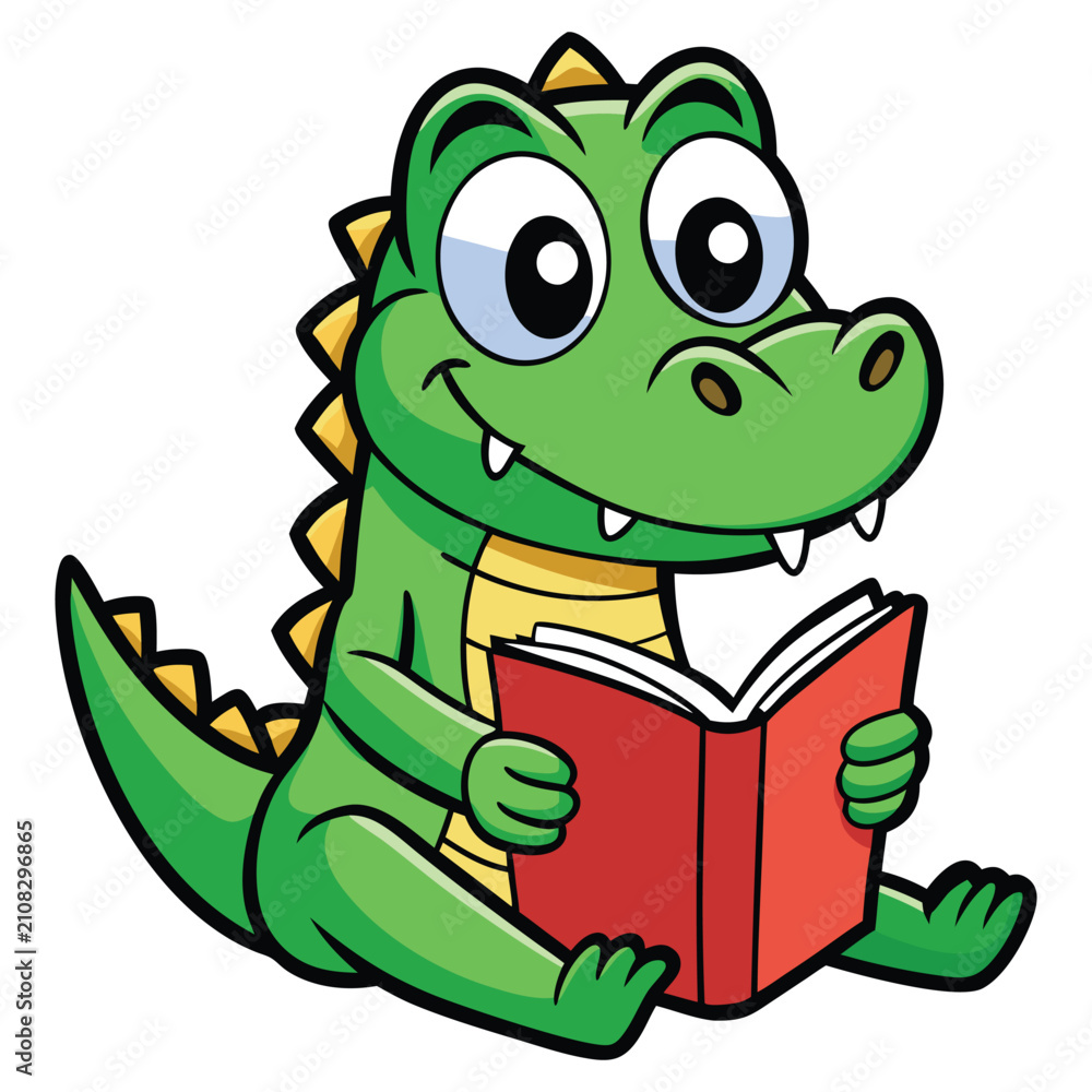 Fototapeta premium Cute Cartoon Crocodile Reading Book Happy Green Reptile Student Mascot Character Learning and Education Vector Illustration