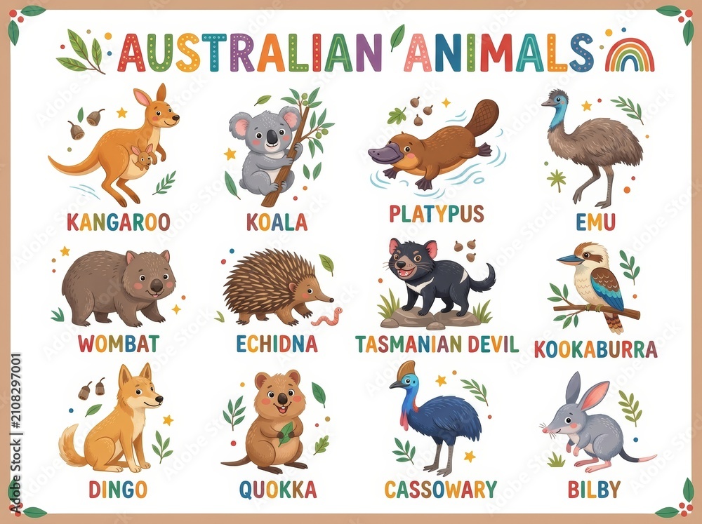 Obraz premium Australian animals poster with cute cartoon characters. Educational vector chart featuring kangaroo, koala, platypus, emu, wombat, echidna, tasmanian devil, kookaburra, dingo, quokka.