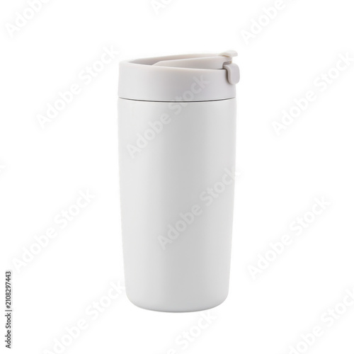 Sleek white travel mug with a gray lid and flip-top closure for on-the-go beverages isolated on transparent background