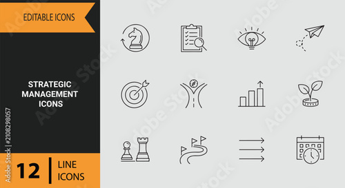 Strategic Management Icons Outline Fine Line Symbols for Corporate Vision Competitive Analysis and Business Growth Tactics