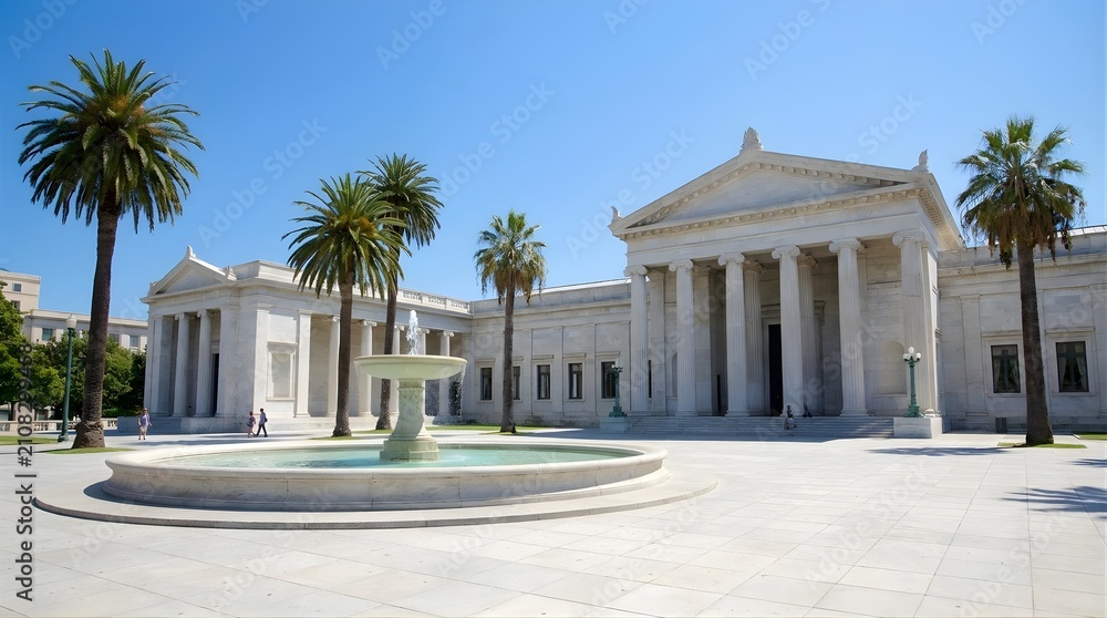 Obraz premium Classical museum building with a large fountain and palm trees.