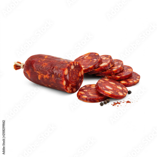 Spicy Cured Sausage with Slices and Peppercorns Isolated on Transparent Background