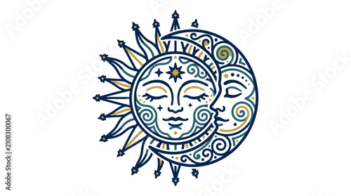 Stylized celestial sun and moon faces with ornamental details