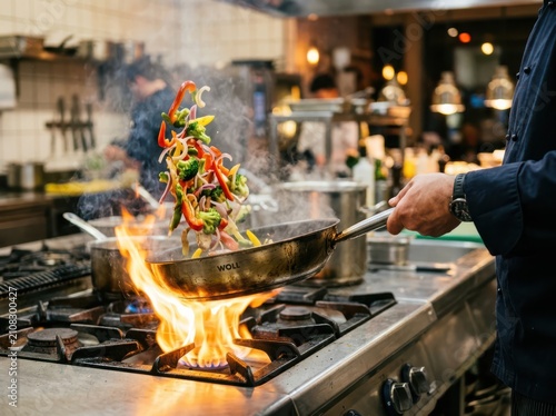Chef cooking vegetable stir fry with flames in professional restaurant