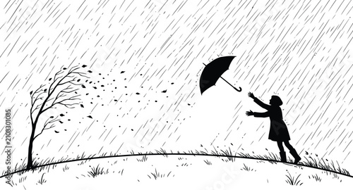 Black and White Silhouette of Person Struggling with Umbrella in Windy Rainstorm