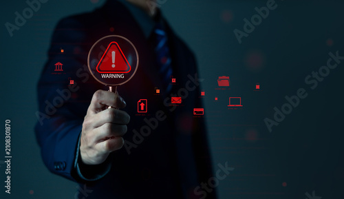 Warnings exclamation mark alerts in computer systems to be aware of the dangers and risks of cyberattacks on the Internet. Malicious software to secure online logins on websites