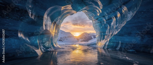 Stunning Ice Cave with Beautiful Sunset and Snowy Mountains in Background, Captivating Natural Wonder in Cold Wilderness Landscape