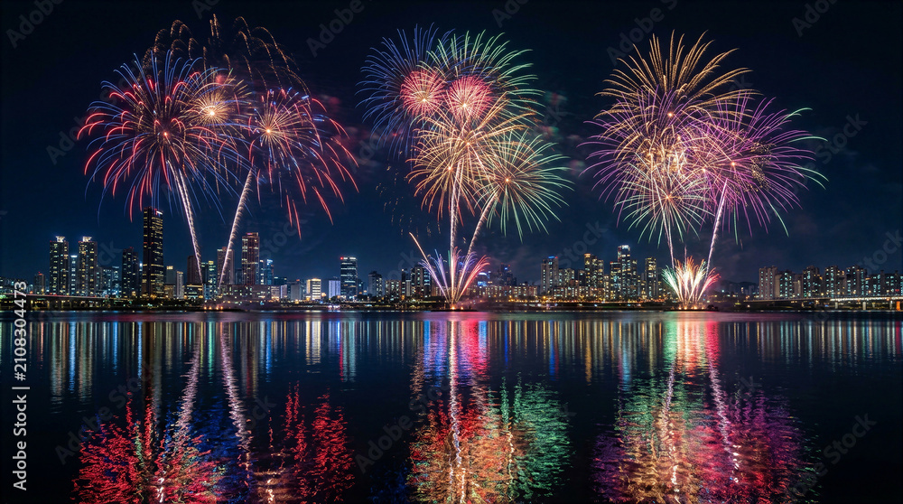 Obraz premium Colorful fireworks illuminate the night sky over a city skyline reflected in a river
