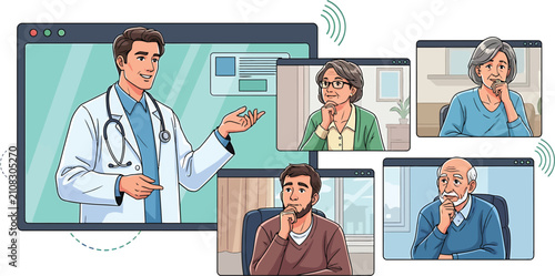 A male medical practitioner provides online health advice through a digital consultation screen connecting multiple patients to discuss wellness options and treatment plans together virtually