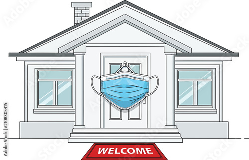 A protective surgical face mask hangs securely on the front entrance door of a residential suburban house during a global health crisis while community members practice safety measures