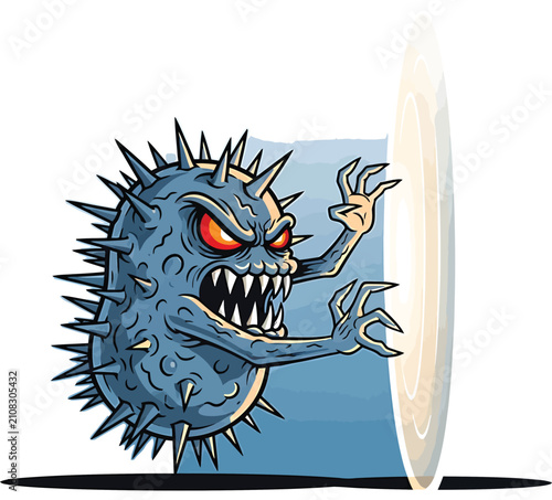 An angry blue spiky virus character with red eyes aggressively pushes against a solid barrier wall trying to break through into another dimension or space during a dangerous microbial infection