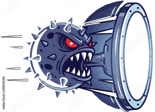 An angry spiked sphere character crashing fiercely through a sturdy metallic circular barrier with dynamic motion lines and menacing red eyes depicting a powerful destructive impact action scene