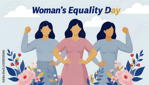 Women's Equality Day celebration with diverse female professionals raising fists. Empowered multicultural team showing solidarity and gender equali...