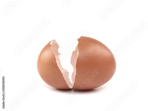 Obraz na płótnie An empty cracked brown eggshell sitting upright on a clean white background, per