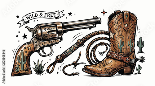 Cowboy equipment including a detailed revolver, a coiled lasso, and a decorated leather boot captures the rugged spirit of the American Wild West in a stylized illustrative composition.
