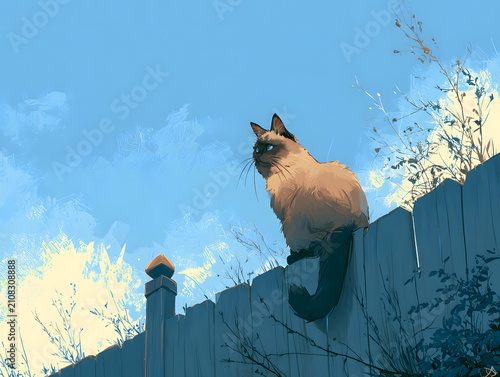 Siamese Cat Sitting on Wooden Fence Against Blue Sky Illustration