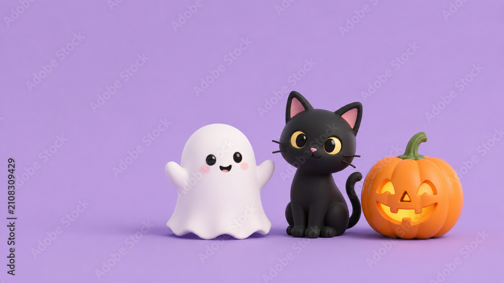 Fototapeta premium A cute black cat sits beside a friendly ghost and carved pumpkin on a beige background.