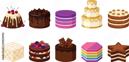 Assorted Whole Cake Vector Graphics Pack Featuring Chocolate Bundt with Cherry, Pink Ombre Layer, Three Tiered Golden Wedding, Hexagonal Rainbow, and Star Layered Torte