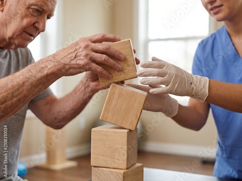 Senior man and caregiver stacking wooden blocks. Occupational therapist helping elderly man with fine motor skills exercise. Rehabilitative therapy for patient cognitive development recovery.