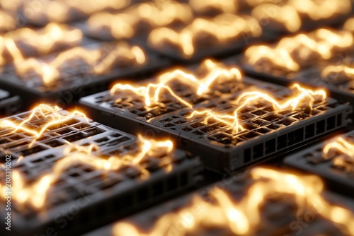 Abstract close-up of electrical energy pulses flowing across circuit board patterns, symbolizing data transmission and technological power