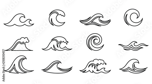 Obraz na płótnie Wave shapes collection black line art on a white background