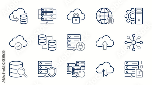 Foto Cloud computing icons represent database management and server connectivity in a clean line art style