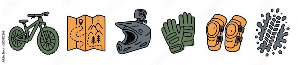 Fototapeta premium Mountain biking gear and equipment doodle icons including a bicycle, trail map, full-face helmet with camera, gloves, knee pads, and muddy tire track