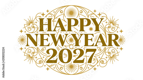 Bild auf Leinwand Happy New Year 2027 Festive Emblem: A stylized golden emblem announces Happy New Year 2027 with elegant decorative flourishes, radiating celebration and anticipation for the coming year