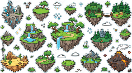 Isometric Fantasy Floating Islands Sticker Pack for RPG Game Design Featuring Waterfalls, Crystal Rocks, Desert, Volcano, Forest Bridges, and Magic Map Interface Assets