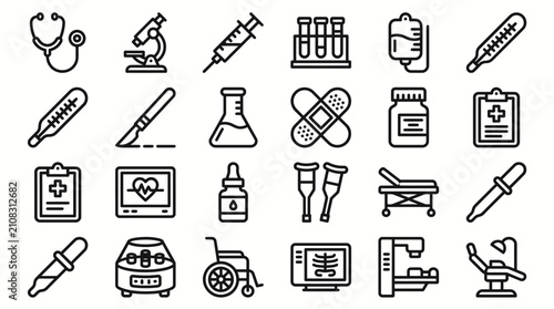 Fotografie Medical equipment icons depict healthcare tools, diagnostic instruments, and hospital facility resources