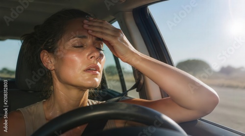 Stressed woman sweating during a severe heat wave inside a hot car.