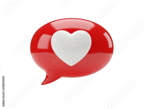 3d red speech bubble icon with a white heart shape symbol