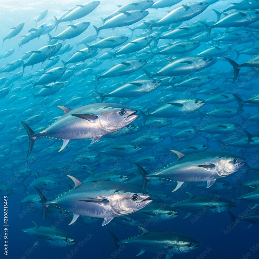 Obraz premium School of Tuna Fish Swimming in the Ocean