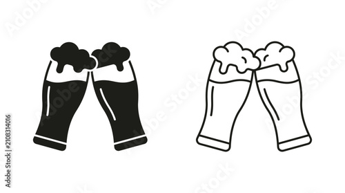 Fotografía Two beer glasses clinking black silhouette and line art style