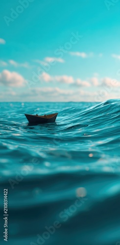 Small wooden boat adrift on a vast turquoise ocean under a cloudy sky.