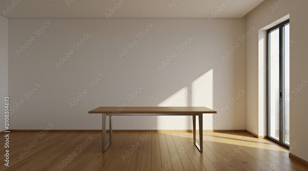 Fototapeta premium Minimalist room interior with wooden table, bright window. Empty wall provides copy space for business branding product display. Modern home design features light natural flooring, sunny morning