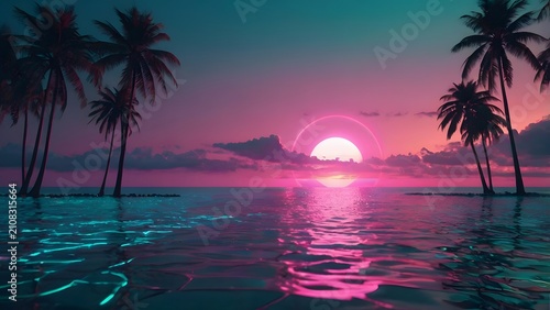 tropical neon sunset with palm trees synthwave aesthetic