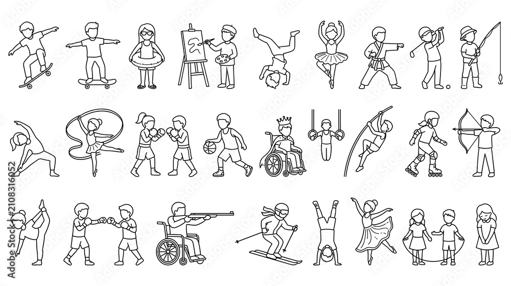 Fototapeta premium Diverse group of children practicing different sports and hobbies in line art illustration.