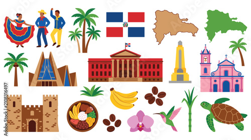Fotografía Dominican republic cultural symbols set with traditional dancers landmarks and food icons