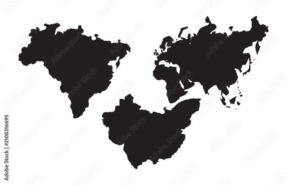 Obraz premium Three black world maps of asia brazil and china in simple silhouette shape design isolated on white.