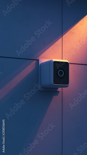 Compact white CCTV on textured wall, premium smart home in background