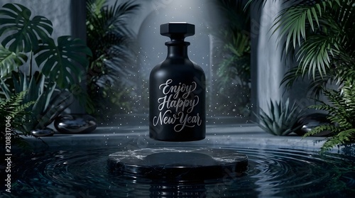 Luxury Amber Glass Bottle on Golden Futuristic Pedestal in Cinematic Canyon.13