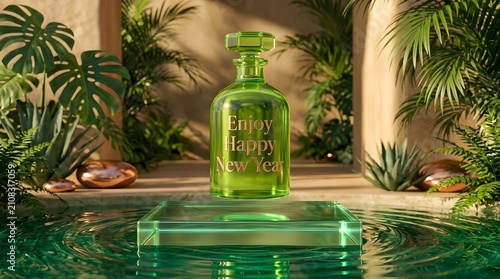 Luxury Amber Glass Bottle on Golden Futuristic Pedestal in Cinematic Canyon.12