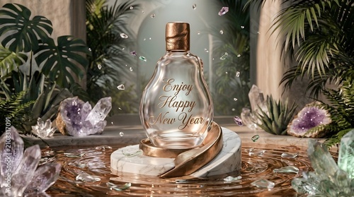Luxury Amber Glass Bottle on Golden Futuristic Pedestal in Cinematic Canyon.9