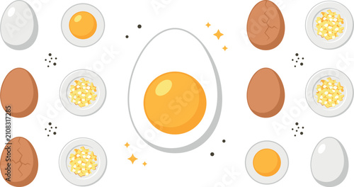 Boiled chicken egg collection featuring whole brown and white shells cracked eggs halves with yellow yolks and chopped diced pieces isolated vector illustration.