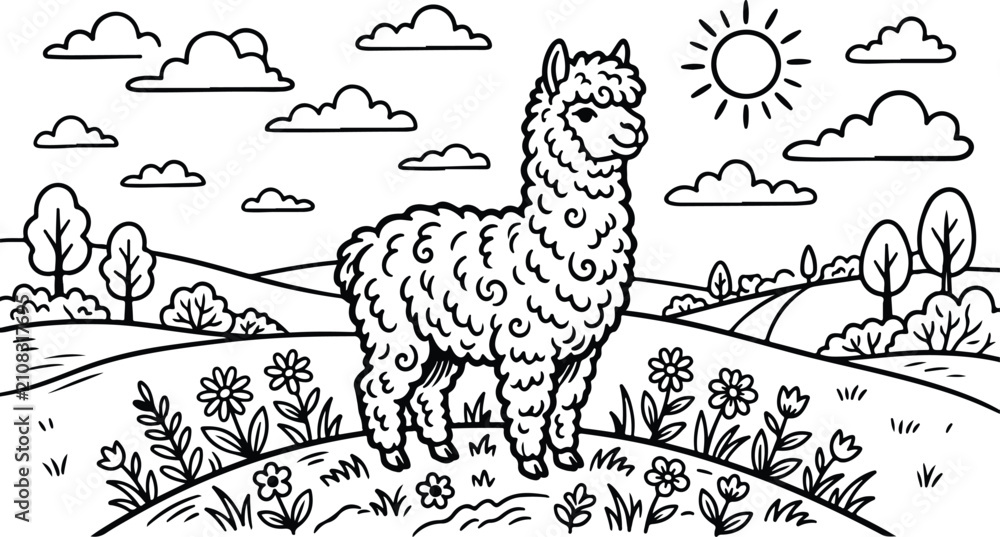 Fototapeta premium Cute alpaca coloring page for kids. Printable line art illustration with flowers and sun.