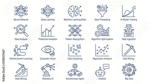 Fotografie Data science icons illustrate advanced analytical concepts and machine learning processes with descriptive labels for professional technical documentation