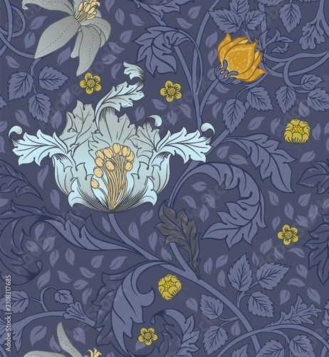 Seamless vintage floral trail pattern with birds, blooming flowers and foliag...