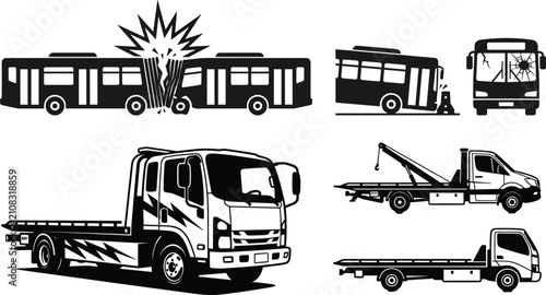 Quadro su tela Tow truck and bus accident silhouette collection with roadside assistance and ve